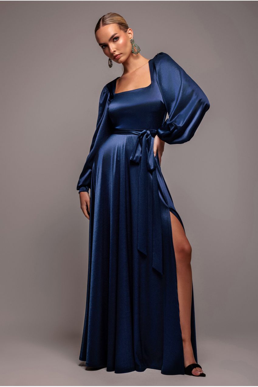 Goddiva Satin Square Neck Bishop Sleeve A Line Maxi Dress - Navy Blue