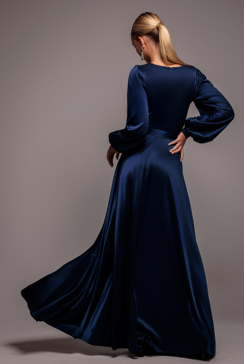 Goddiva Satin Square Neck Bishop Sleeve A Line Maxi Dress - Navy Blue
