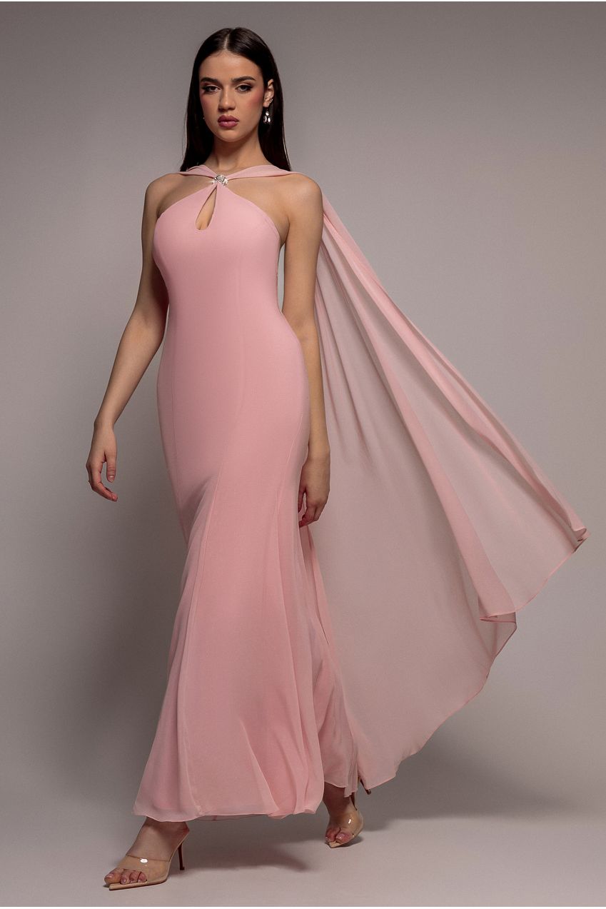 Goddiva Multiway Cape Chiffon With Embellished Trim Maxi Dress - Blush Pink