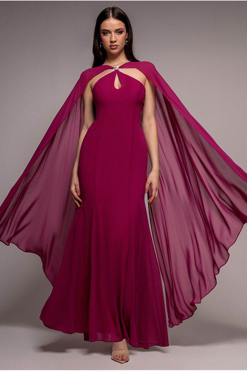 Goddiva Multiway Cape Chiffon With Embellished Trim Maxi Dress - Magenta