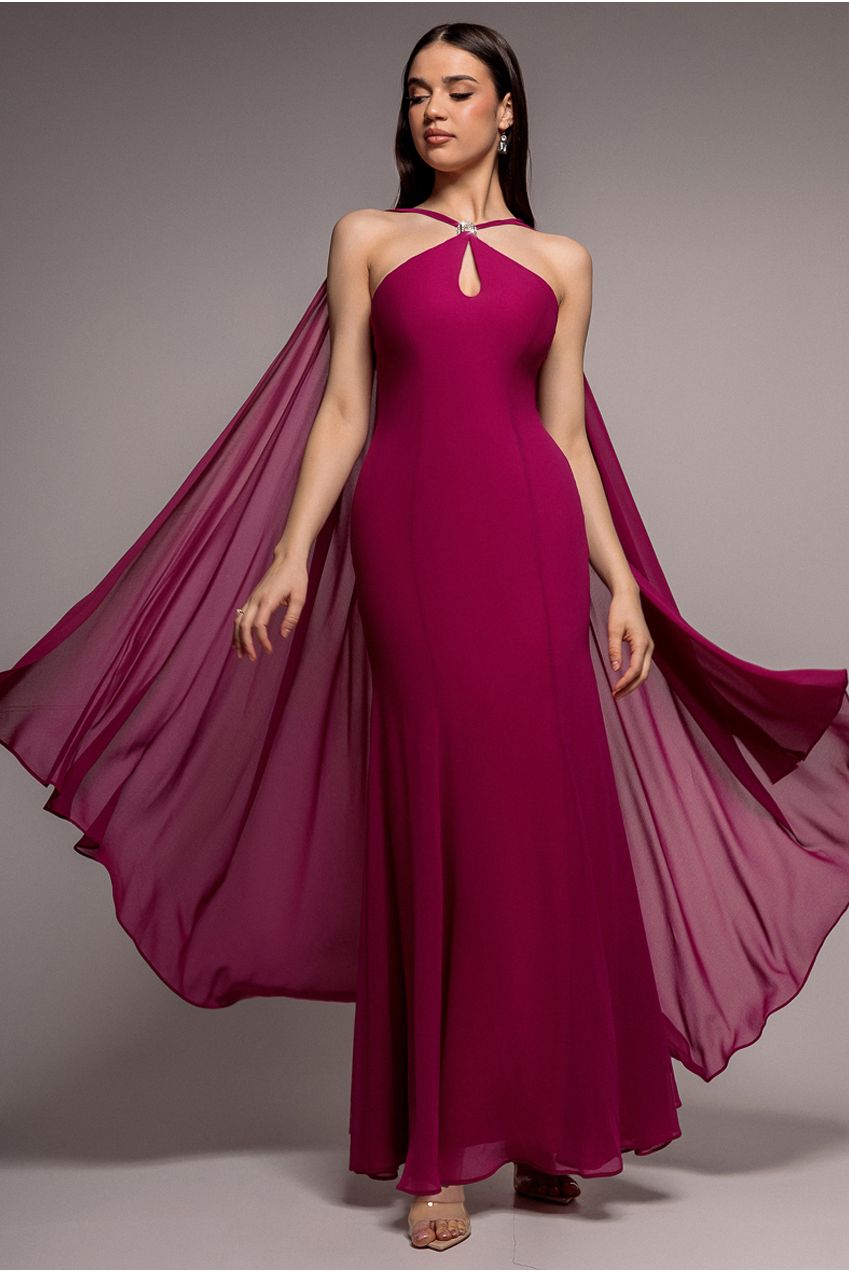 maxi dress magenta Goddiva Multiway Cape Chiffon With Embellished Trim Maxi Dress