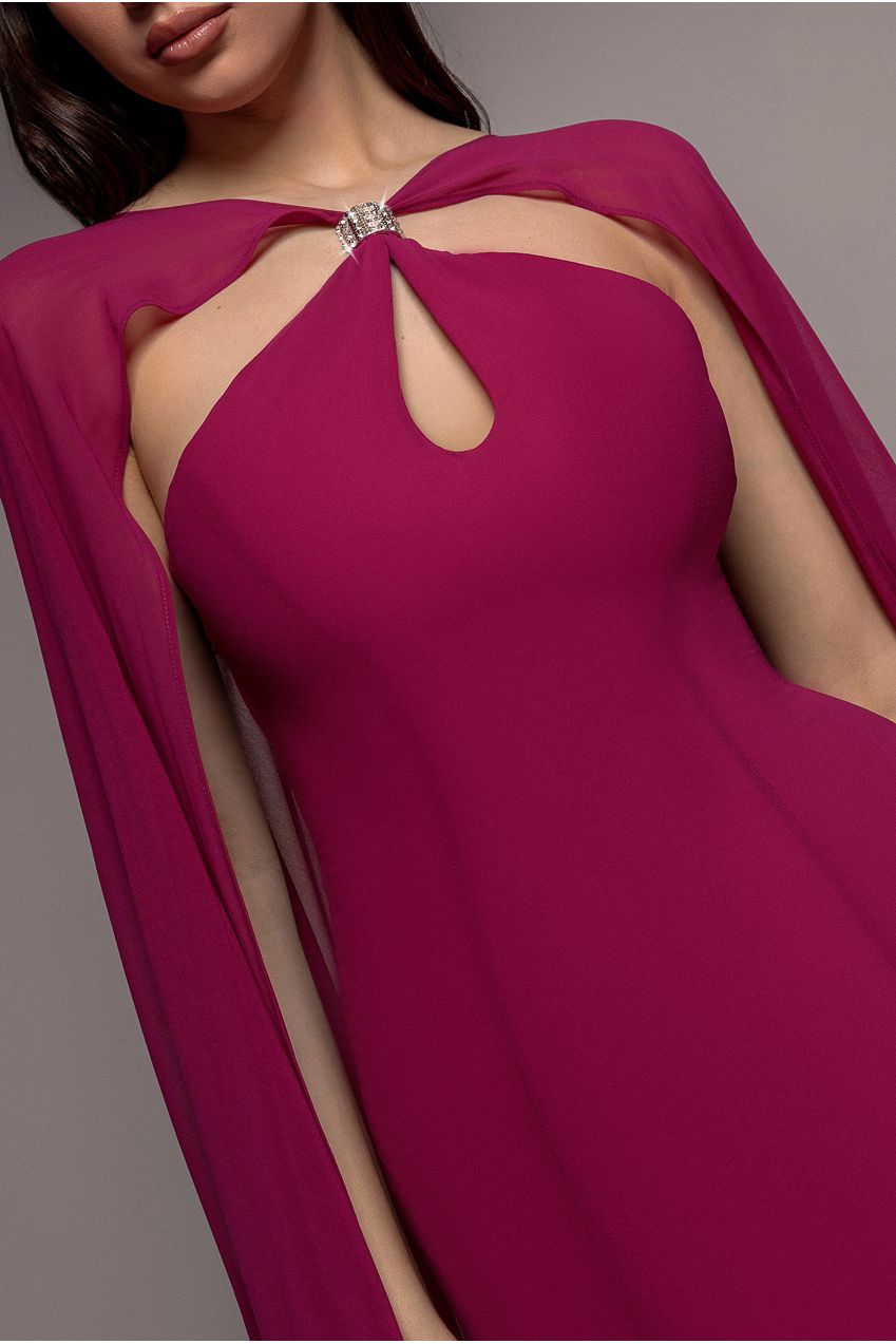Goddiva Multiway Cape Chiffon With Embellished Trim Maxi Dress - Magenta