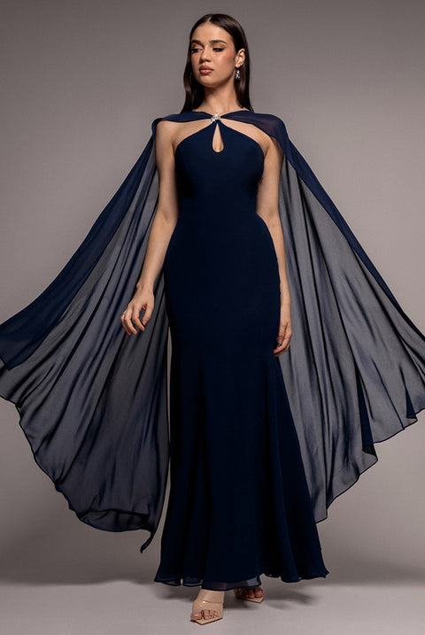 Goddiva Multiway Cape Chiffon With Embellished Trim Maxi Dress - Navy Blue