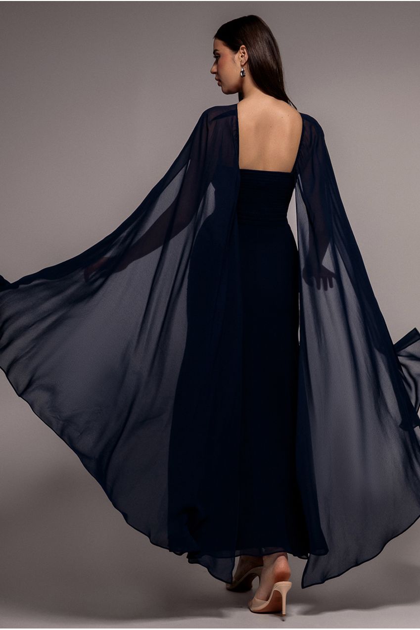 Goddiva Multiway Cape Chiffon With Embellished Trim Maxi Dress - Navy Blue