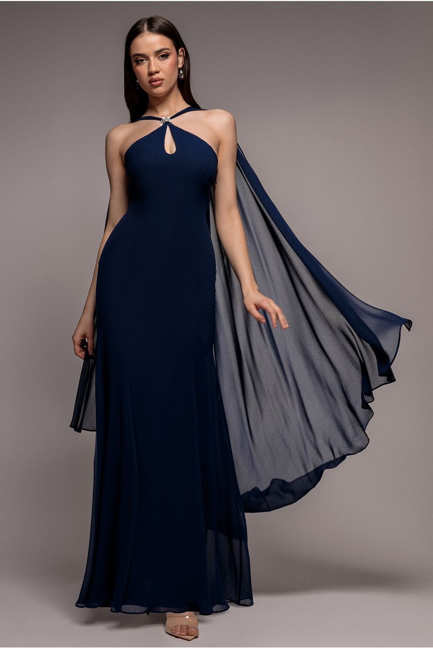 Goddiva Multiway Cape Chiffon With Embellished Trim Maxi Dress - Navy Blue