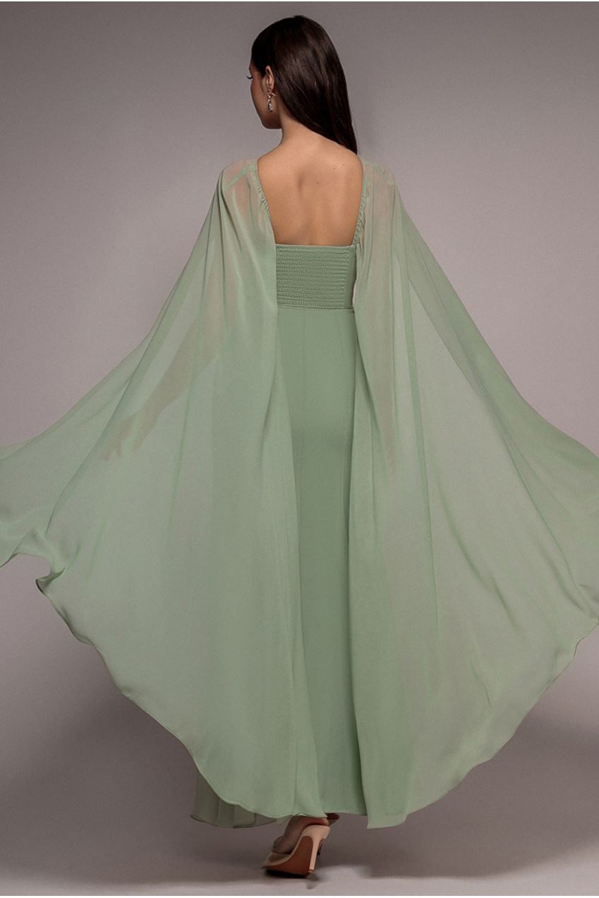 Goddiva Multiway Cape Chiffon With Embellished Trim Maxi Dress - Sage Green