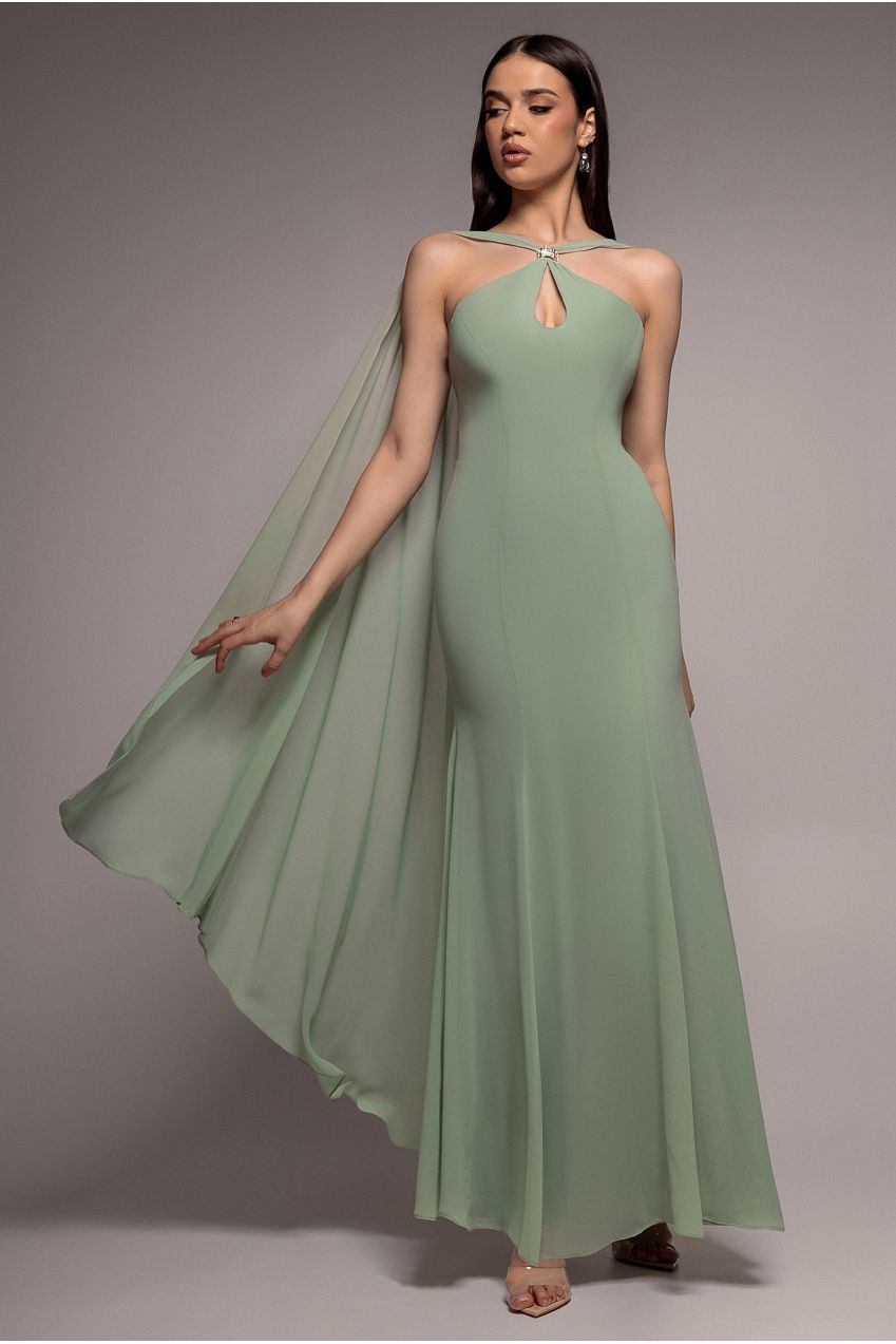 Goddiva Multiway Cape Chiffon With Embellished Trim Maxi Dress - Sage Green