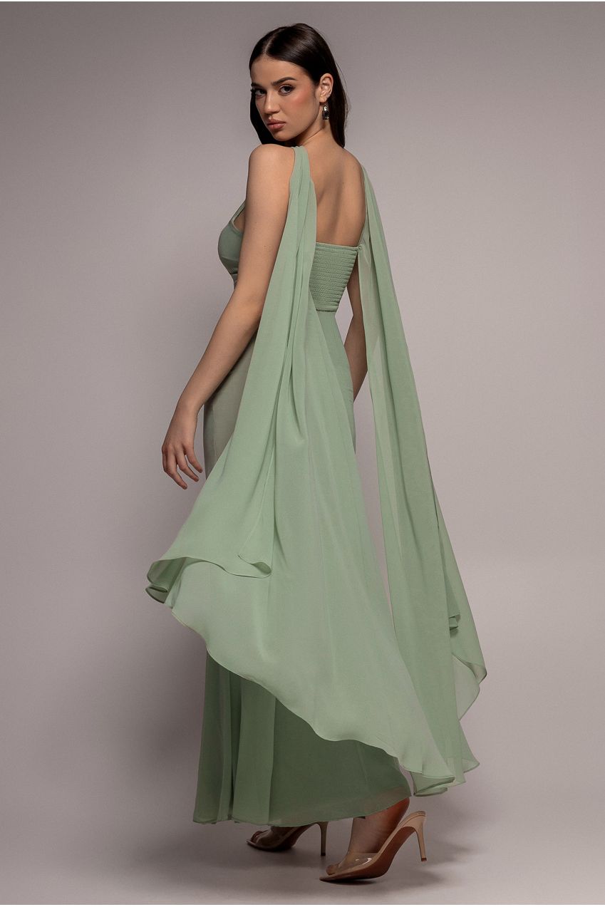 Goddiva Multiway Cape Chiffon With Embellished Trim Maxi Dress - Sage Green