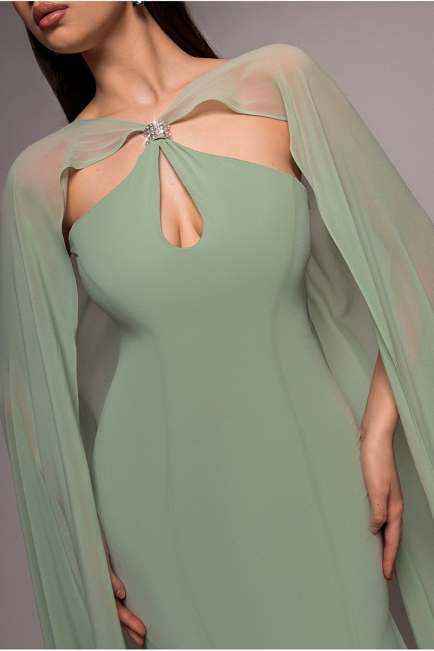 Goddiva Multiway Cape Chiffon With Embellished Trim Maxi Dress - Sage Green