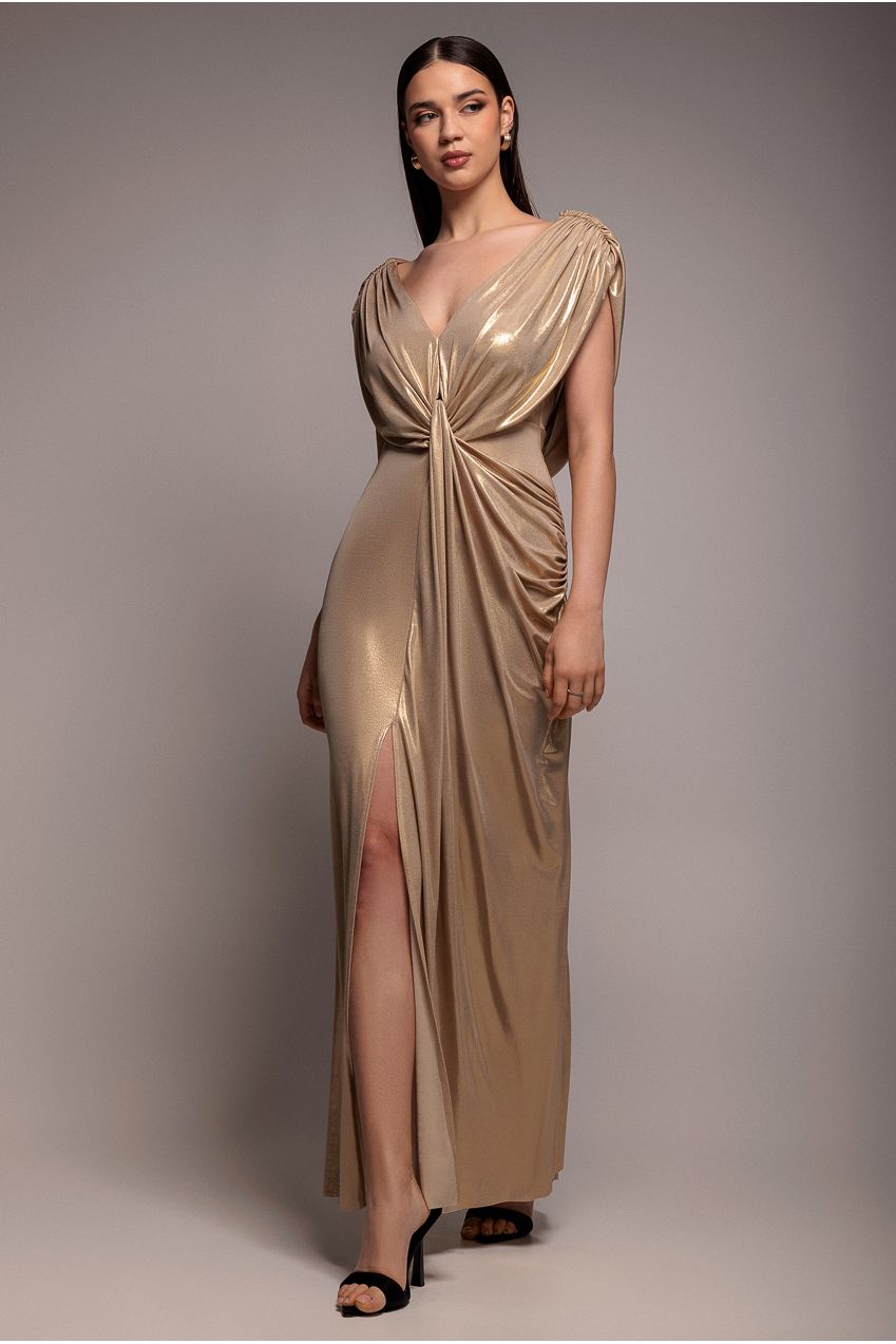 Goddiva Cowl Plunge Draped Foil Maxi Dress - Gold