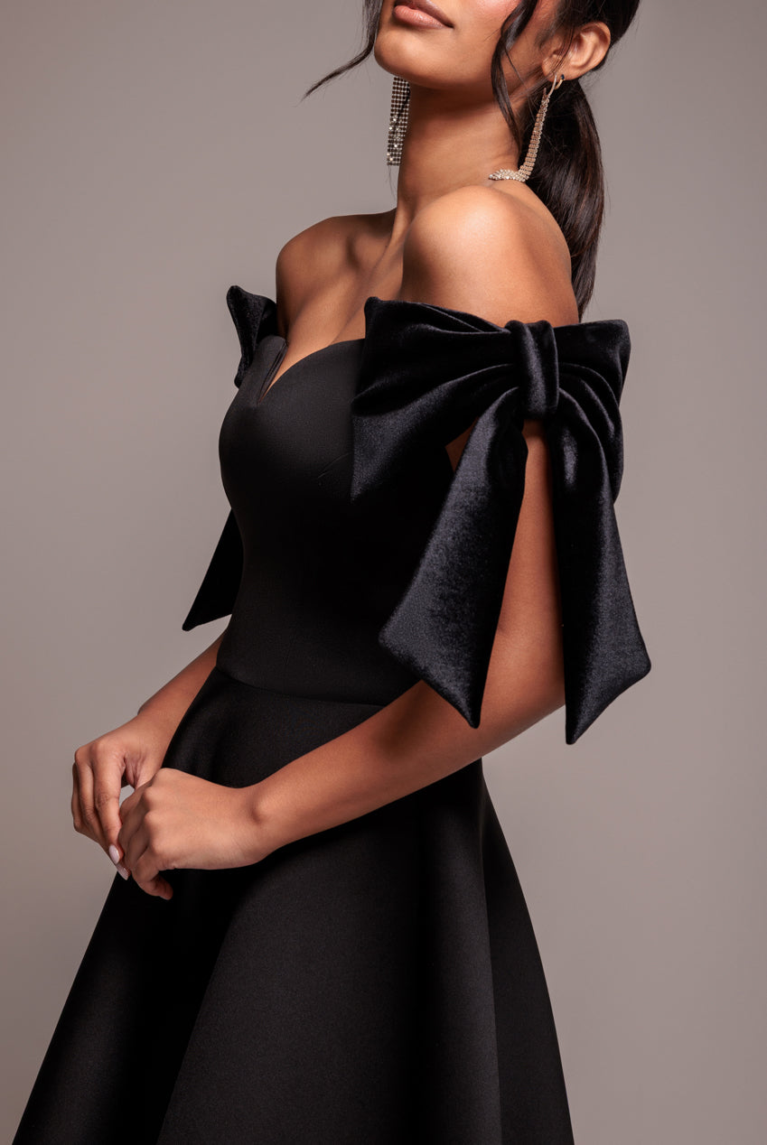 Goddiva Scuba Off The Shoulder Velvet Bow Skater Midi Dress - Black