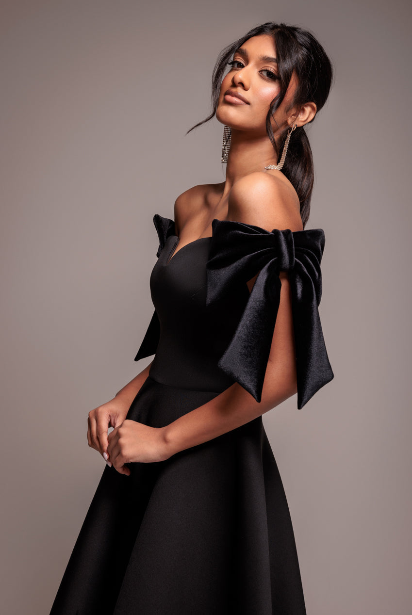 Goddiva Scuba Off The Shoulder Velvet Bow Skater Midi Dress - Black