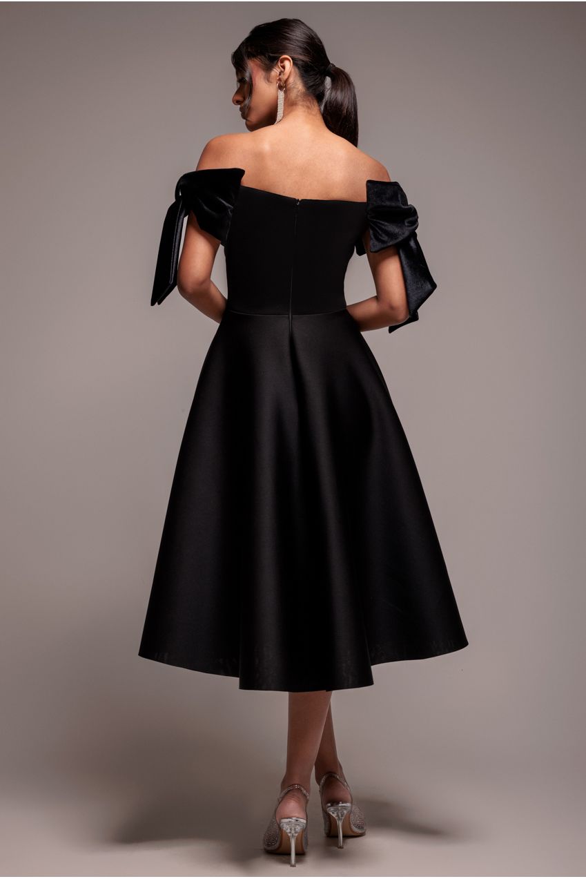 Goddiva Scuba Off The Shoulder Velvet Bow Skater Midi Dress - Black