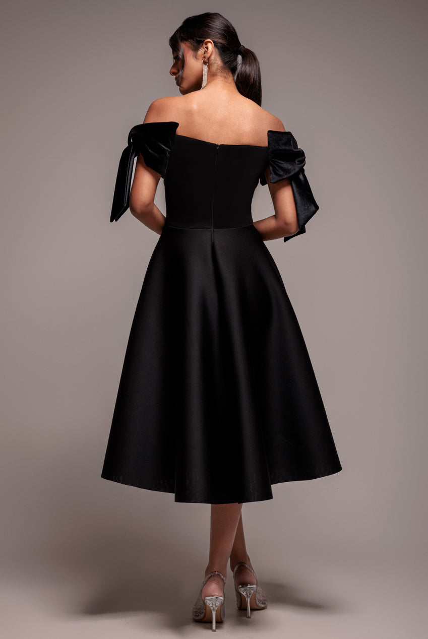Goddiva Scuba Off The Shoulder Velvet Bow Skater Midi Dress - Black