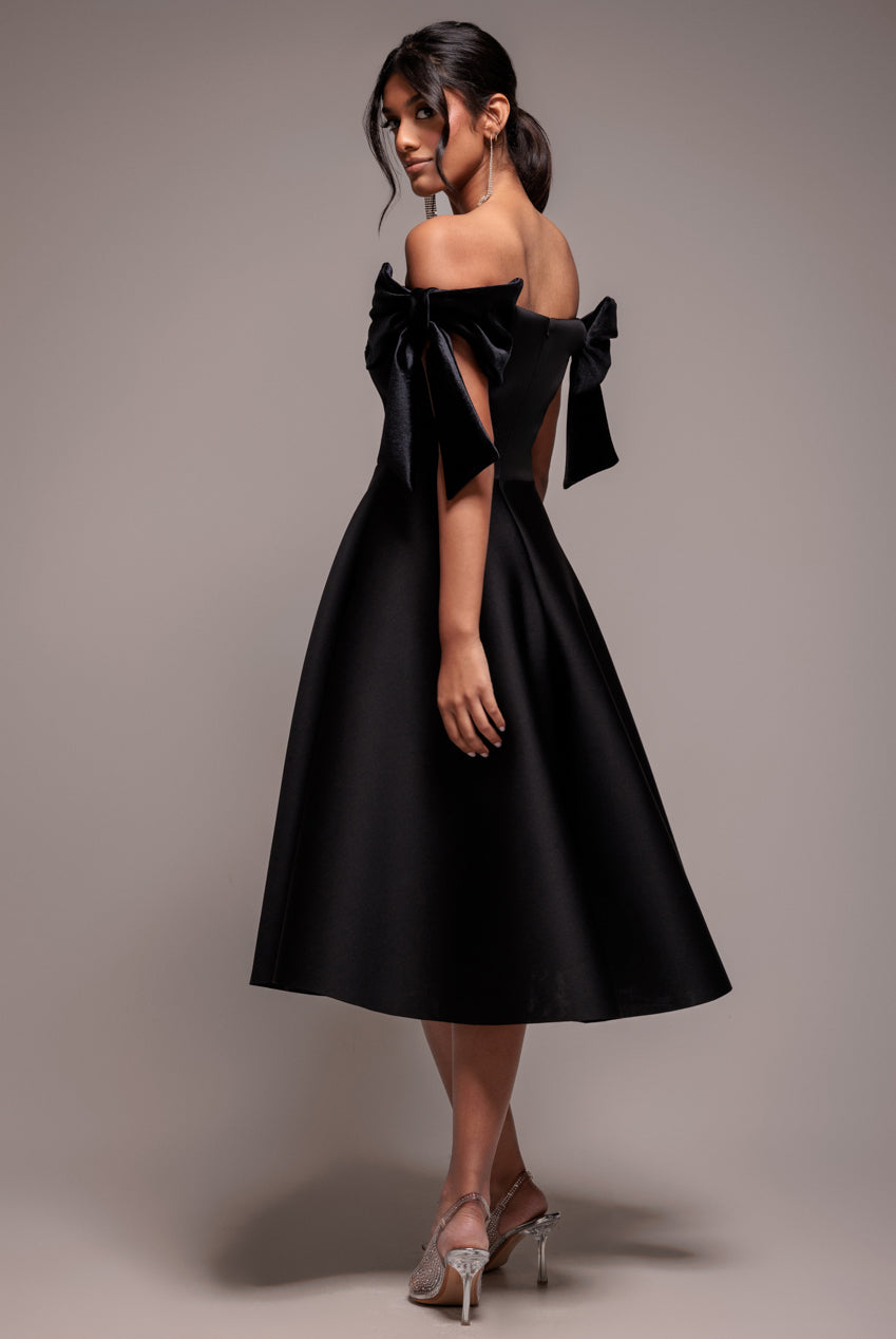 Goddiva Scuba Off The Shoulder Velvet Bow Skater Midi Dress - Black