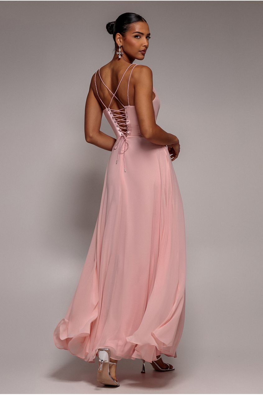 Goddiva Chiffon Cowl Twisted Rope Strap Lace-up Flared Maxi Dress - Blush Pink
