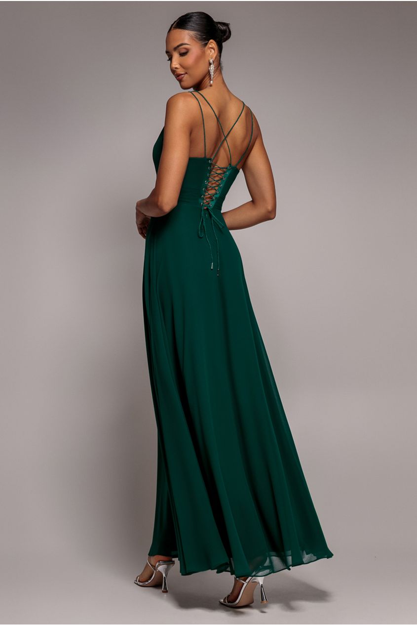Goddiva Chiffon Cowl Twisted Rope Strap Lace-up Flared Maxi Dress - Emerald Green