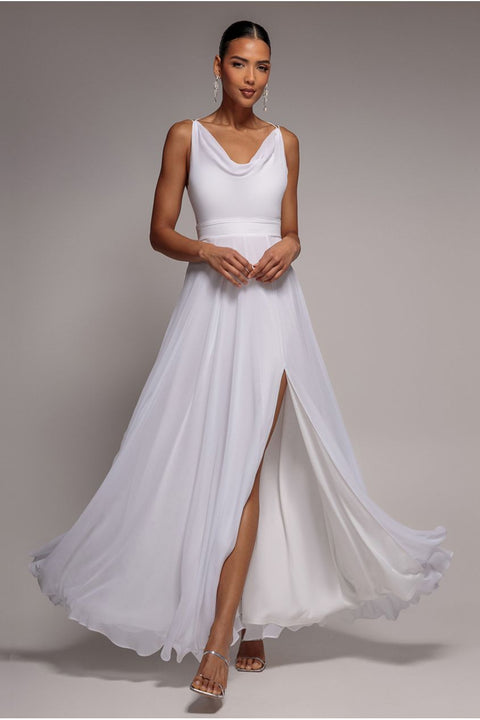 Goddiva Chiffon Cowl Twisted Rope Strap Lace-up Flared Maxi Dress - Ivory