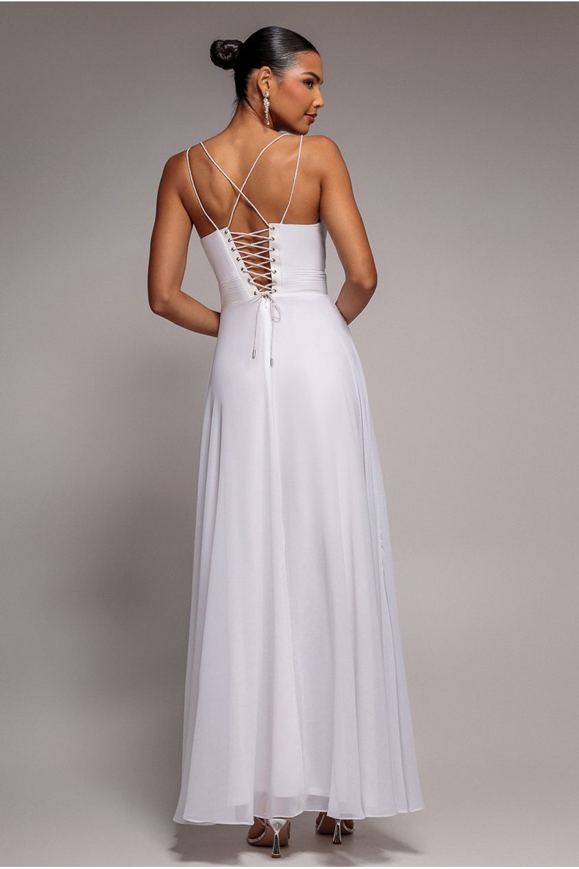 Goddiva Chiffon Cowl Twisted Rope Strap Lace-up Flared Maxi Dress - Ivory