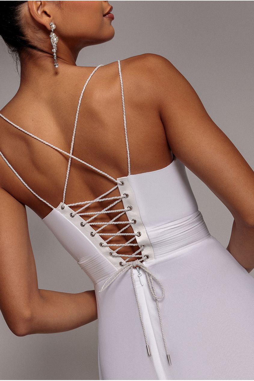 Goddiva Chiffon Cowl Twisted Rope Strap Lace-up Flared Maxi Dress - Ivory