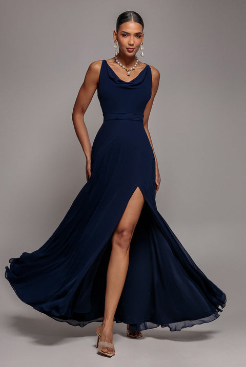 Goddiva Chiffon Cowl Twisted Rope Strap Lace-up Flared Maxi Dress - Navy Blue