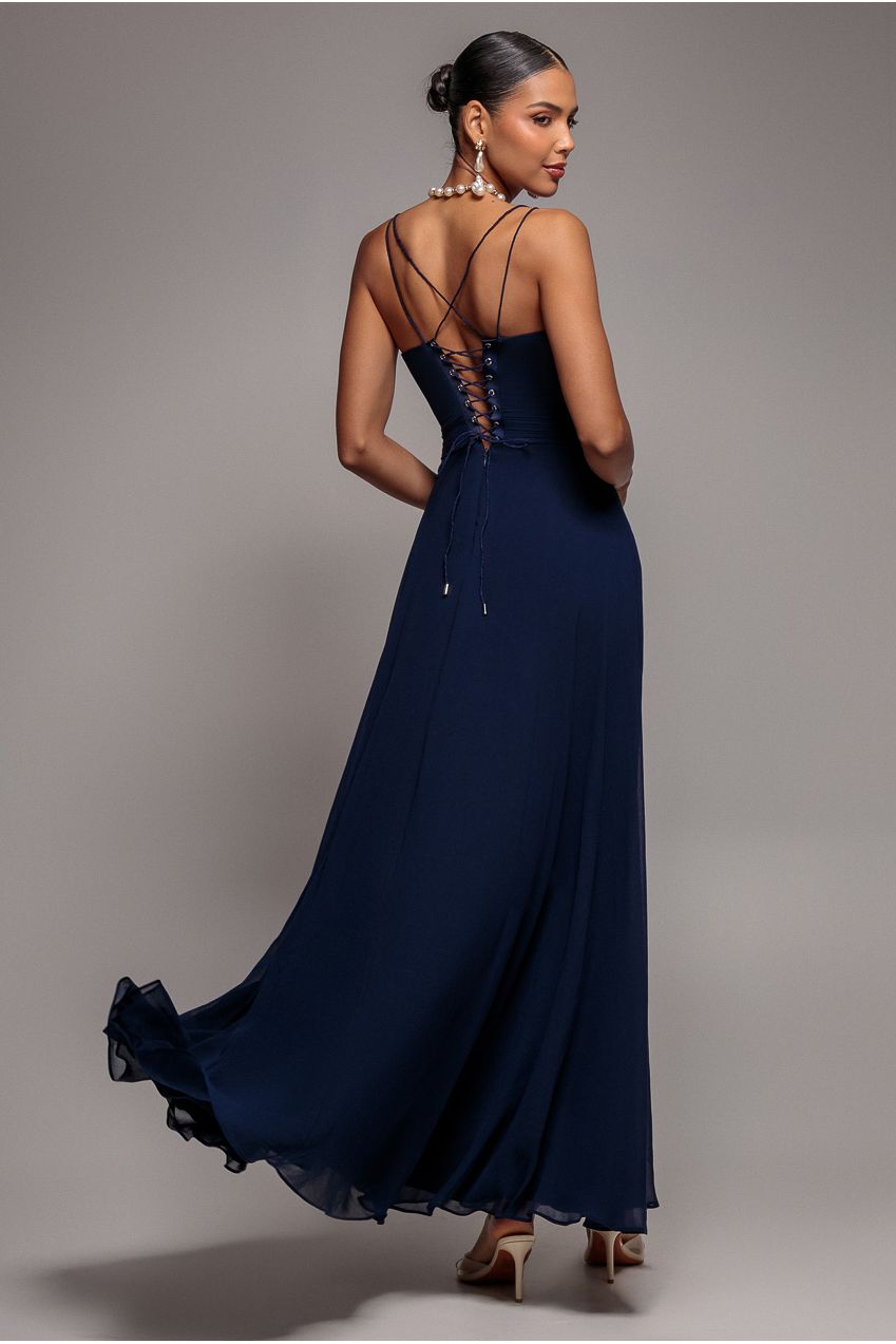 Goddiva Chiffon Cowl Twisted Rope Strap Lace-up Flared Maxi Dress - Navy Blue