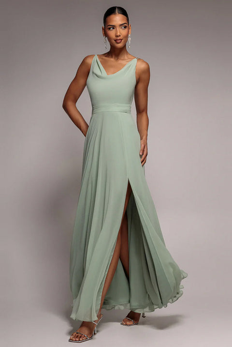 Goddiva Chiffon Cowl Twisted Rope Strap Lace-up Flared Maxi Dress - Sage Green
