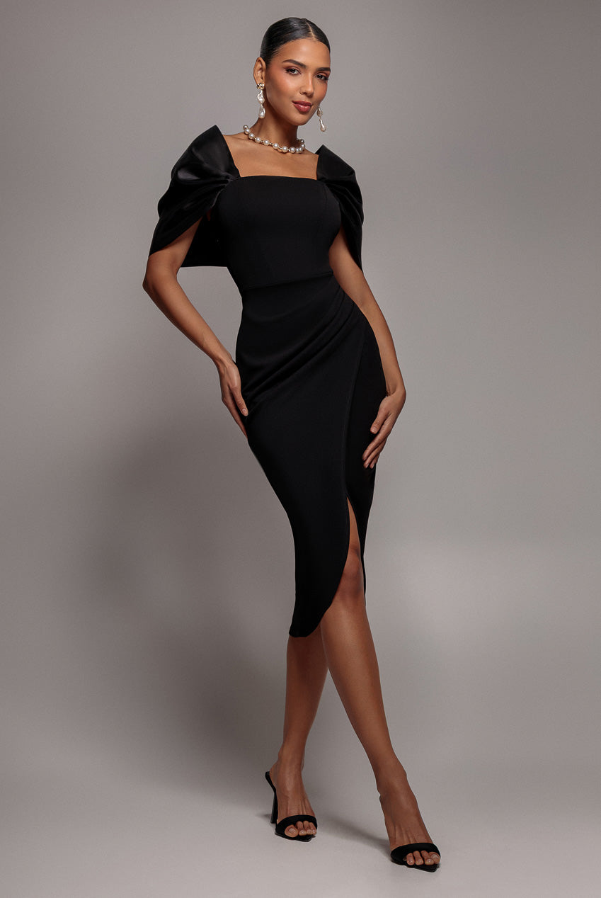 Goddiva Off Shoulder Back Satin Bow Wrap Crepe Midi Dress - Black