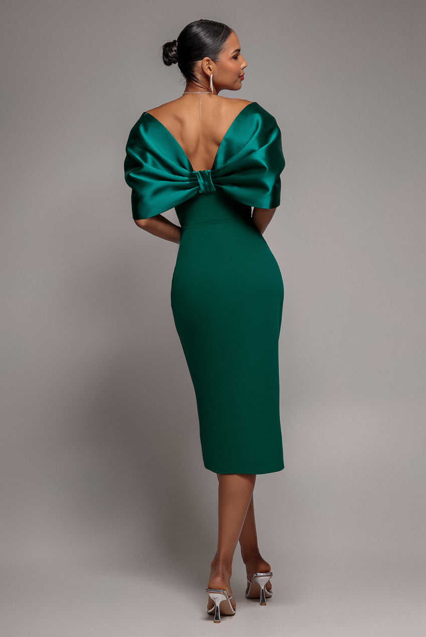 Goddiva Off Shoulder Back Satin Bow Wrap Crepe Midi Dress - Emerald Green