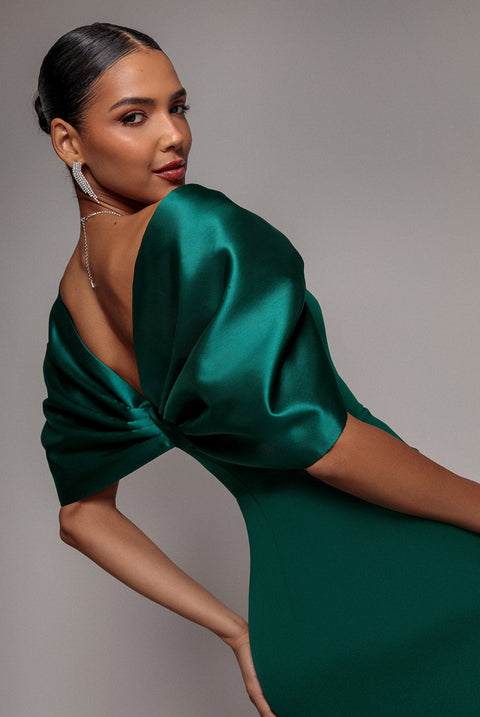 Goddiva Off Shoulder Back Satin Bow Wrap Crepe Midi Dress - Emerald Green