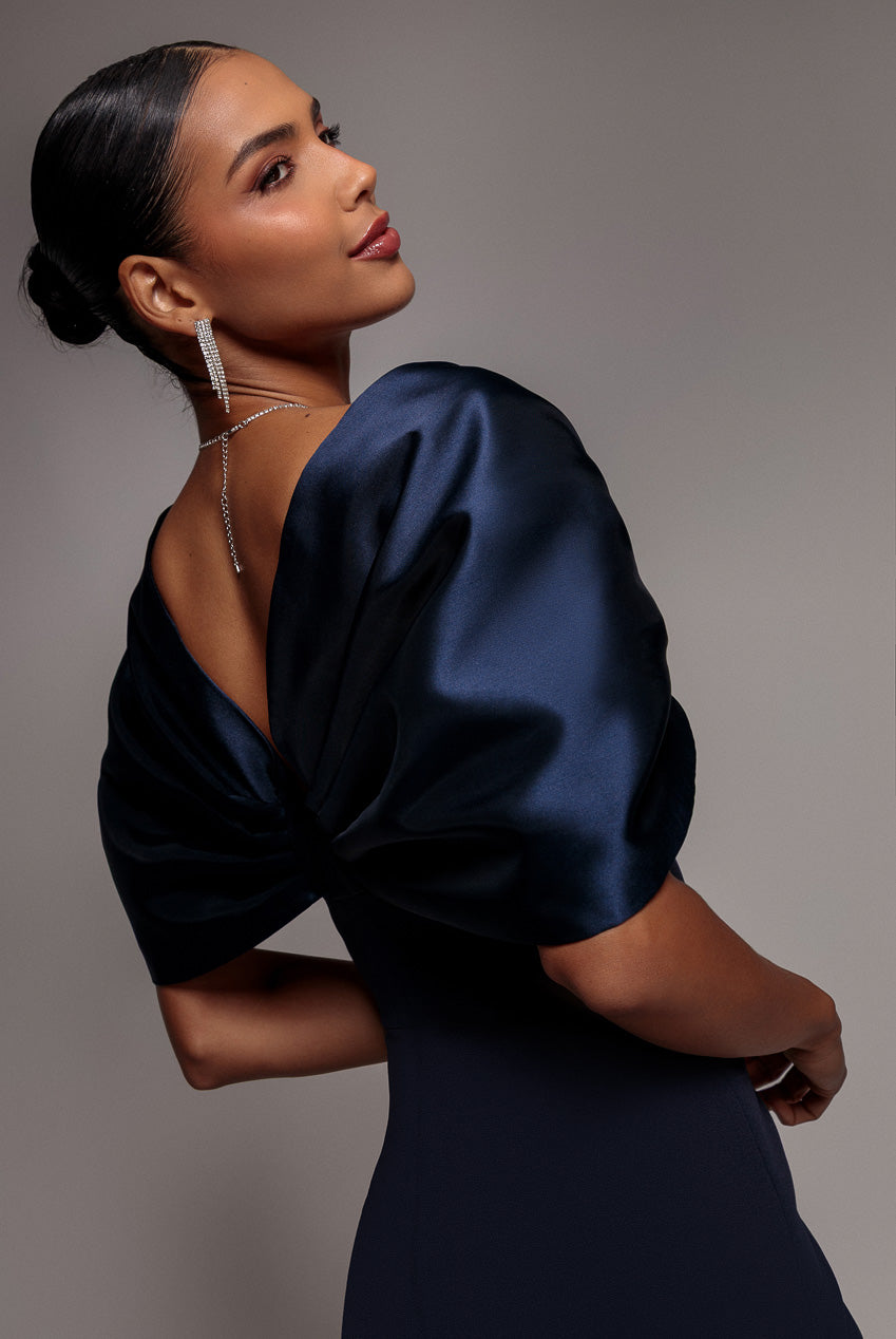 Goddiva Off Shoulder Back Satin Bow Wrap Crepe Midi Dress - Navy Blue