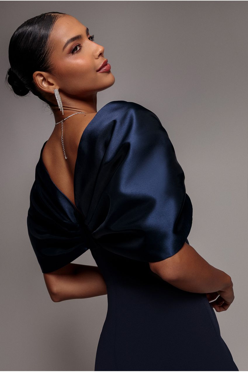 Goddiva Off Shoulder Back Satin Bow Wrap Crepe Midi Dress - Navy Blue