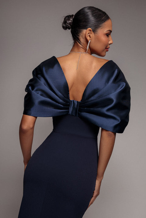 Goddiva Off Shoulder Back Satin Bow Wrap Crepe Midi Dress - Navy Blue