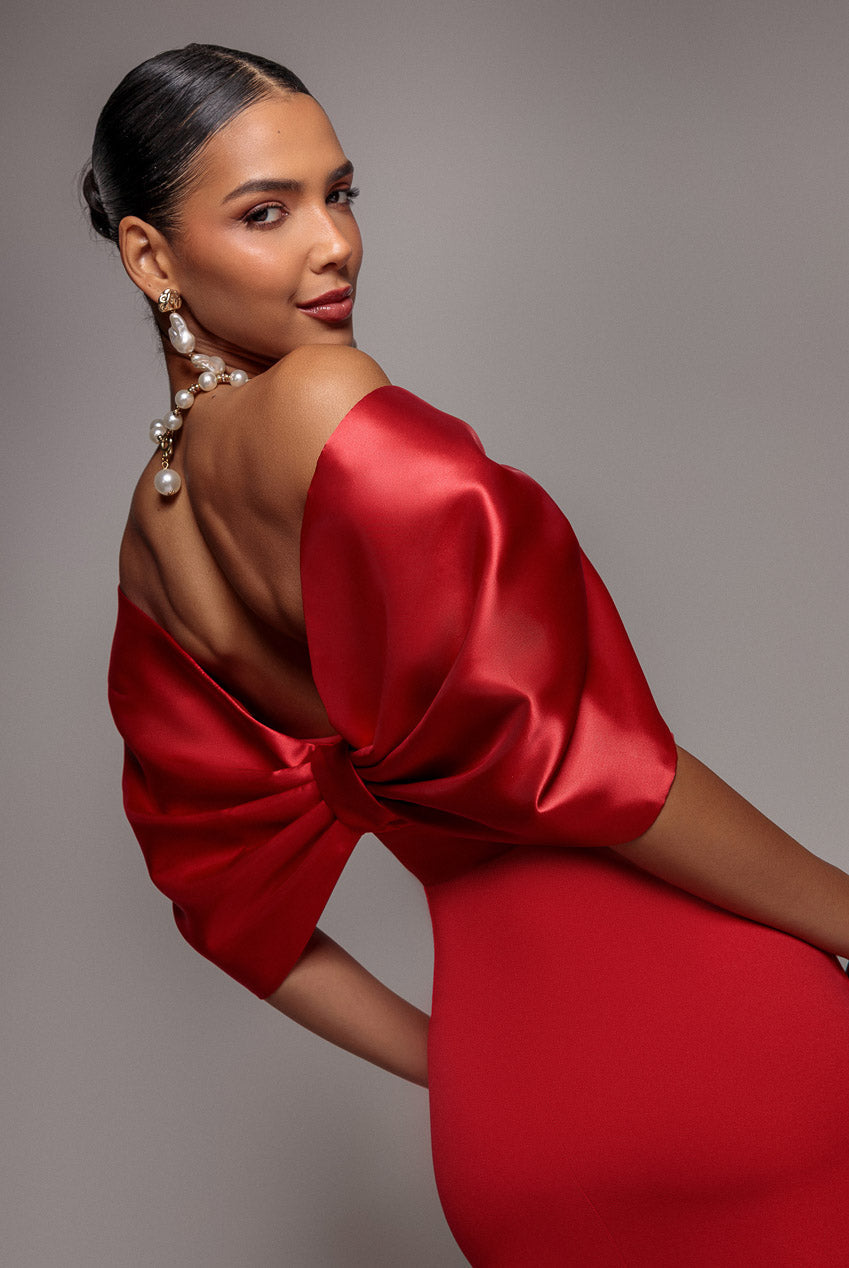 Goddiva Off Shoulder Back Satin Bow Wrap Crepe Midi Dress - Red