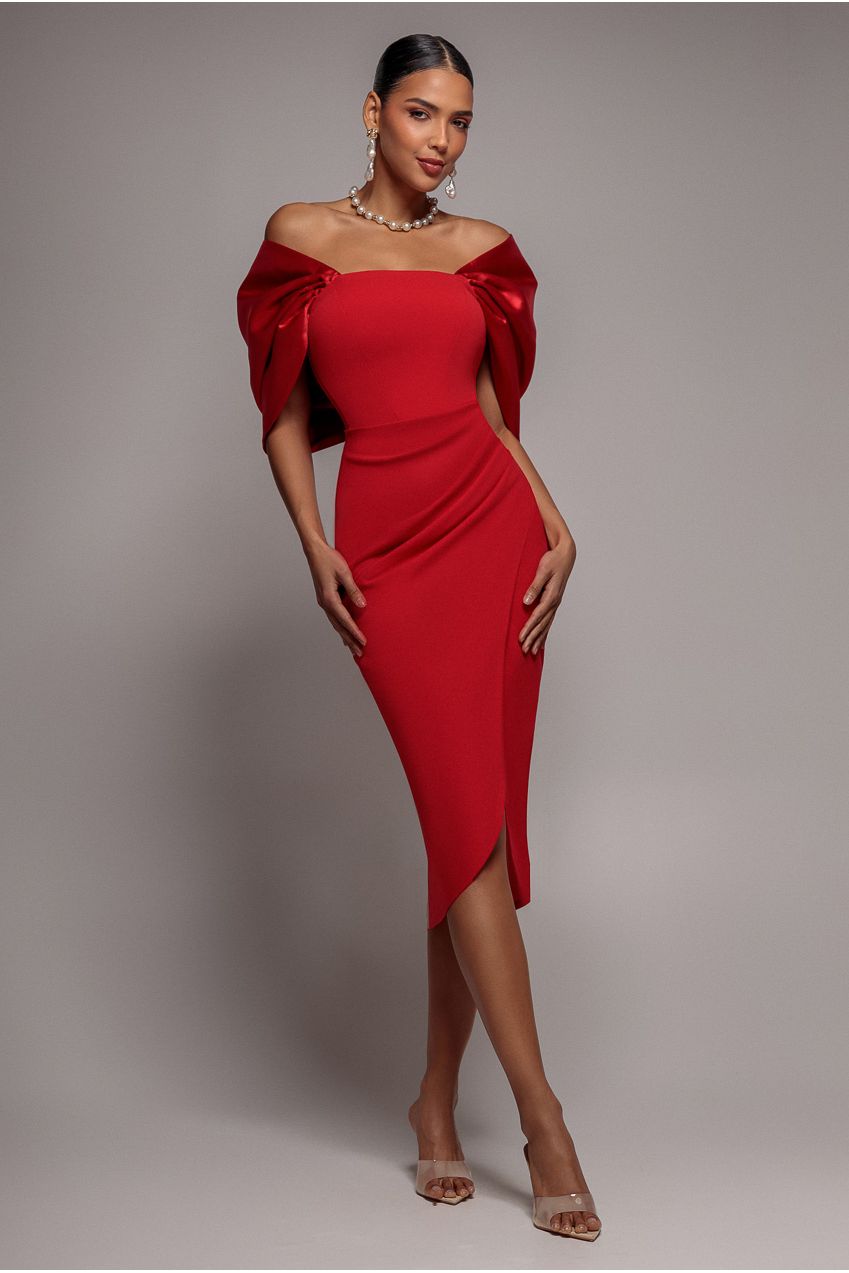 Goddiva Off Shoulder Back Satin Bow Wrap Crepe Midi Dress - Red