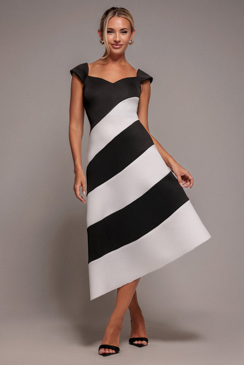 Goddiva Striped Contrast Asymmetric Midi Dress - Black Cream