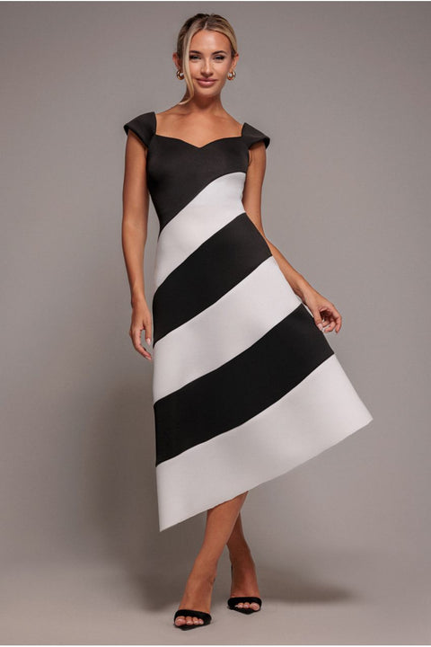 Goddiva Striped Contrast Asymmetric Midi Dress - Black Cream