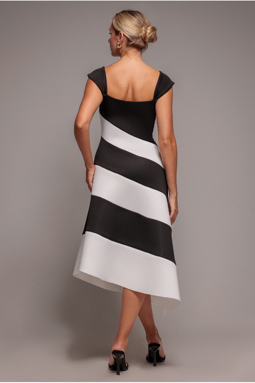 Goddiva Striped Contrast Asymmetric Midi Dress - Black Cream
