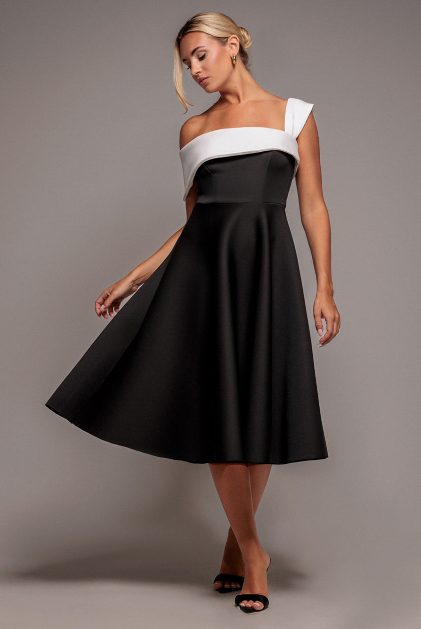Goddiva One Shoulder A Line Midi Dress - Black Cream