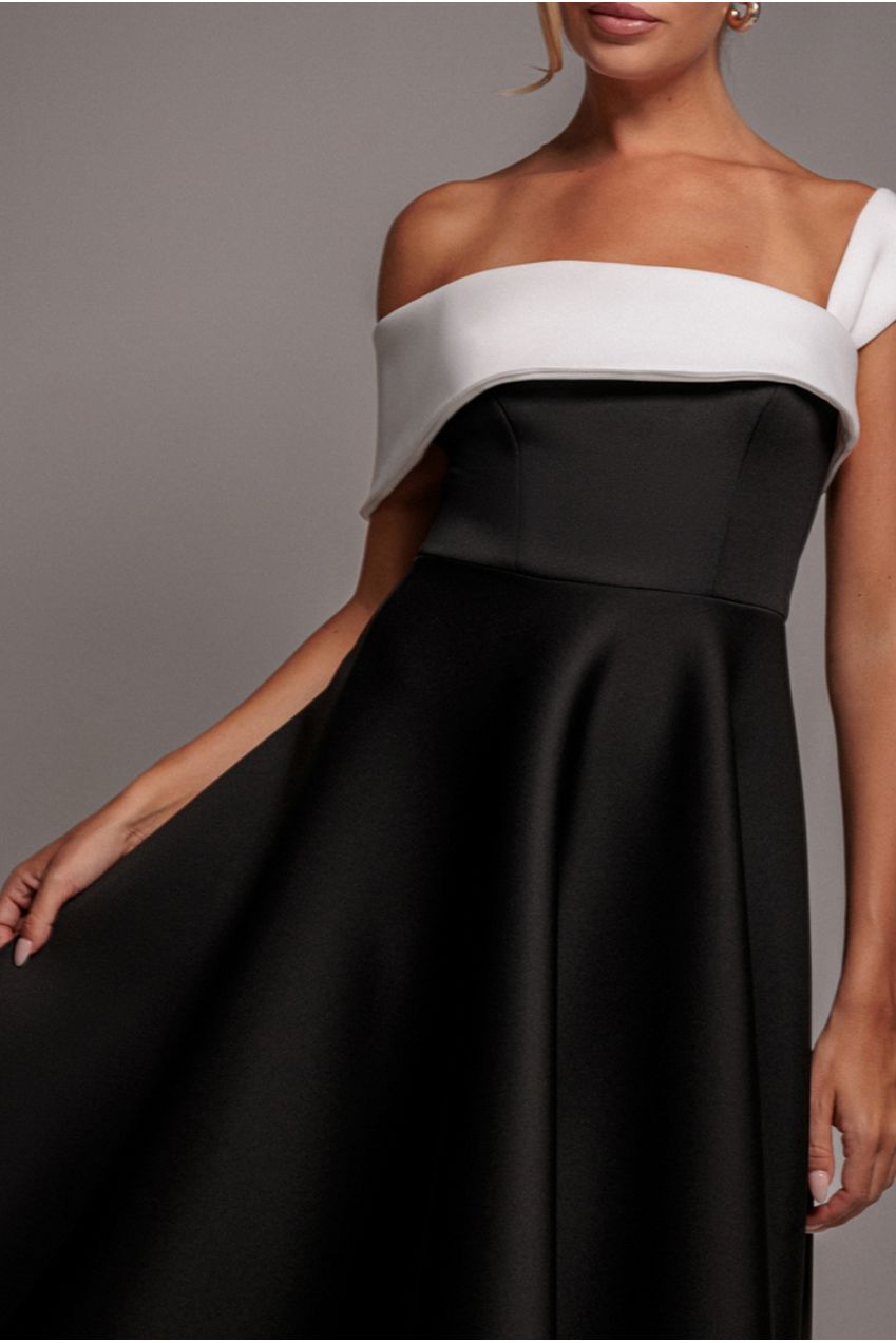 Goddiva One Shoulder A Line Midi Dress - Black Cream