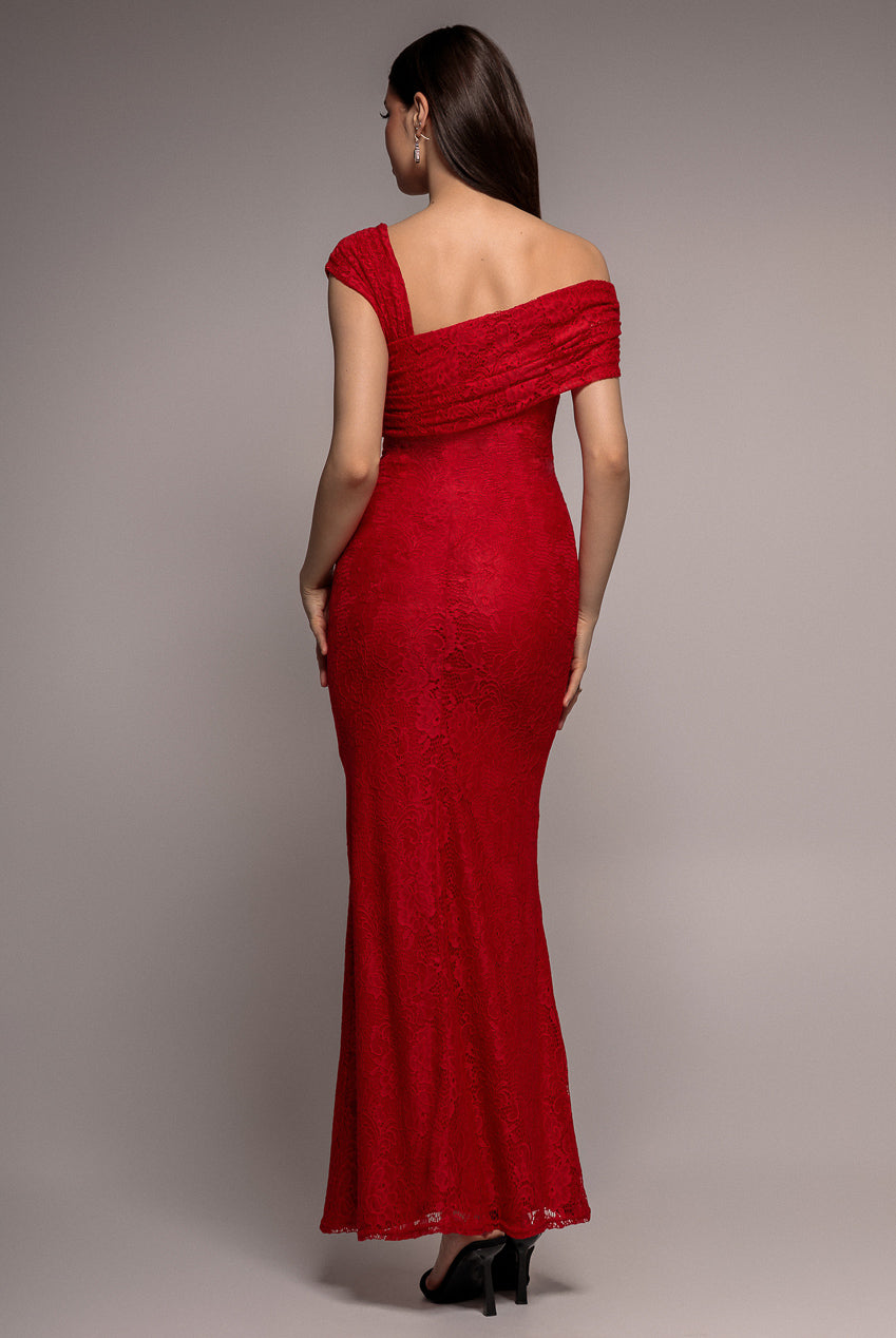 Goddiva One Shoulder Pleated Bardot Lace Maxi Dress - Red