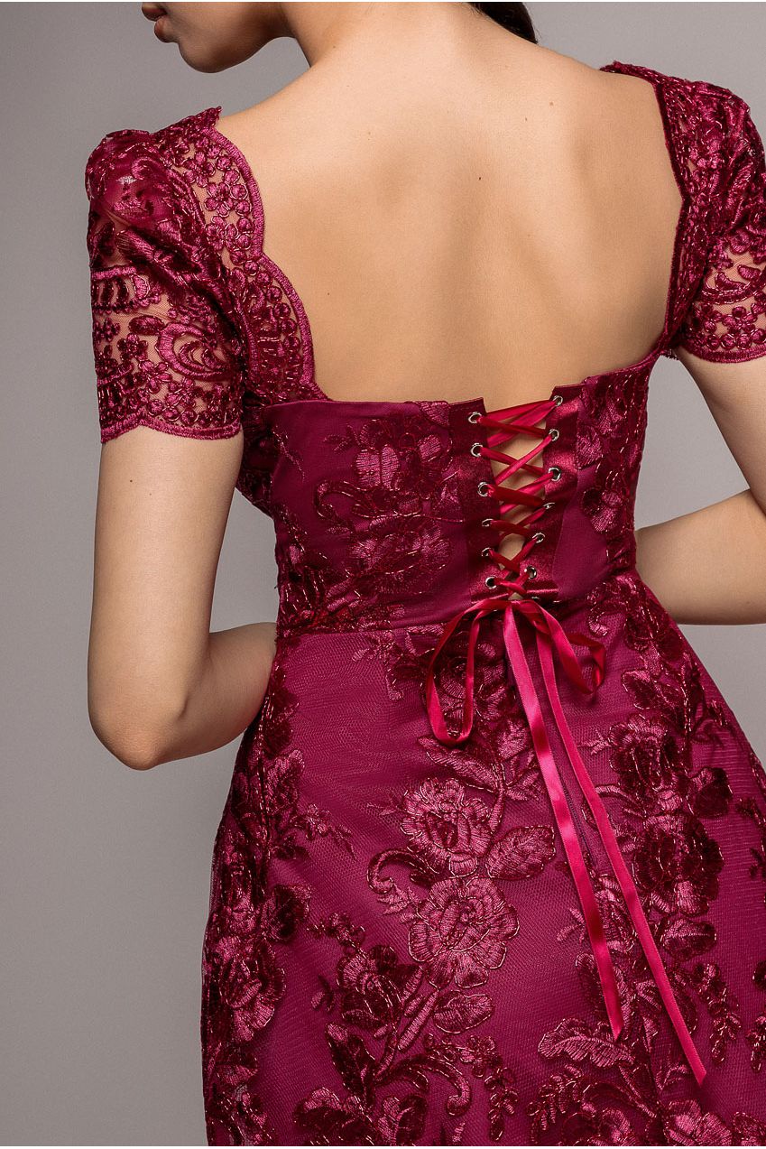 Goddiva Scallop Edge Corset Back Structured Lace Mini Dress - Burgundy
