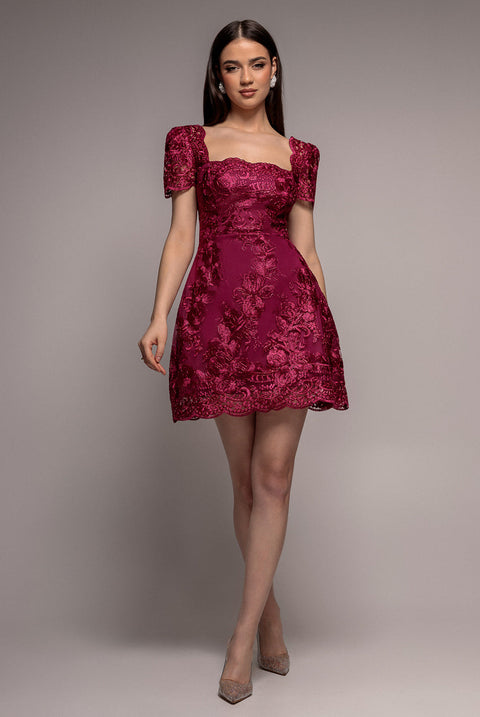 Goddiva Scallop Edge Corset Back Structured Lace Mini Dress - Burgundy