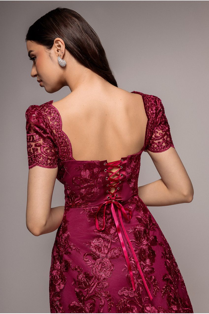Goddiva Scallop Edge Corset Back Structured Lace Mini Dress - Burgundy