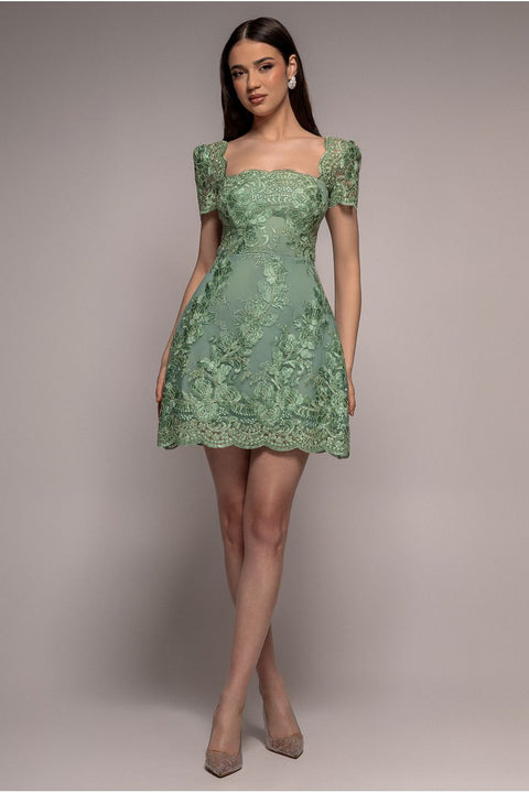 Goddiva Scallop Edge Corset Back Structured Lace Mini Dress - Sage Green