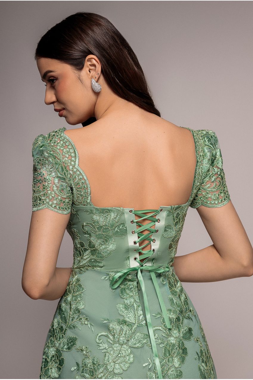 Goddiva Scallop Edge Corset Back Structured Lace Mini Dress - Sage Green