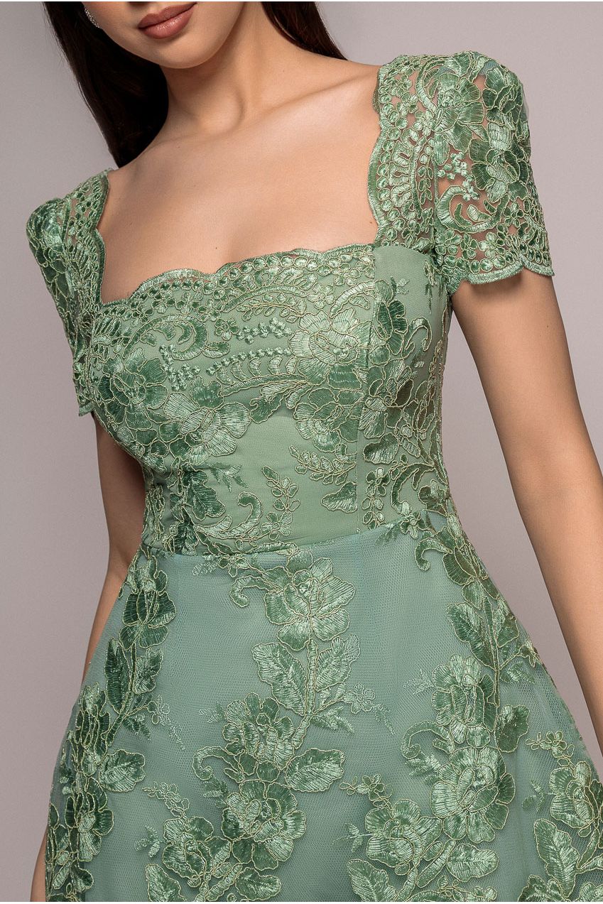 Goddiva Scallop Edge Corset Back Structured Lace Mini Dress - Sage Green