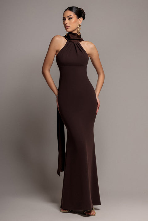 Goddiva Scuba & Velvet Satin Cape Sleeve Halterneck Maxi Dress - Brown