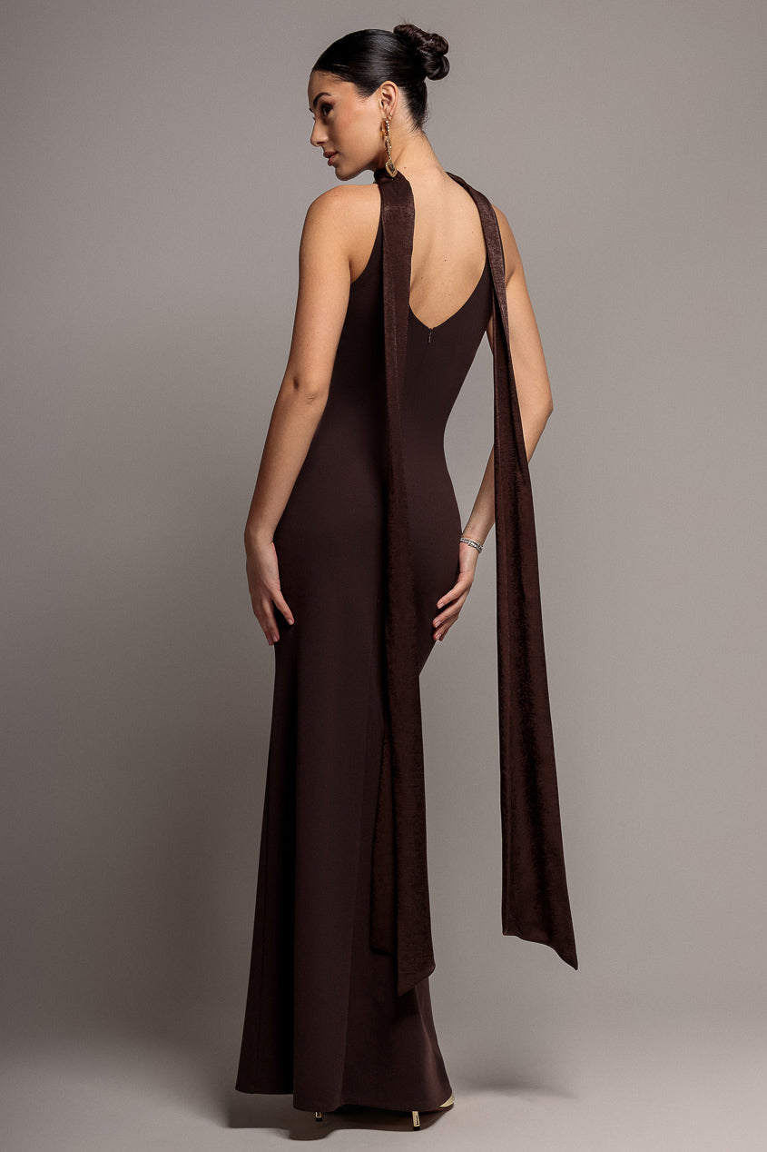 Goddiva Scuba & Velvet Satin Halterneck Maxi Dress With Back Sash - Brown