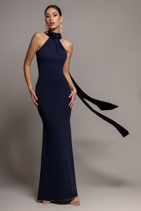 Goddiva Scuba & Velvet Satin Halterneck Maxi Dress With Back Sash - Navy Blue